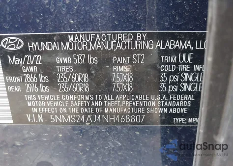 2022 Hyundai Santa Fe Sel z USA, uszkodzony, nr VIN 5NMS24AJ4NH468807